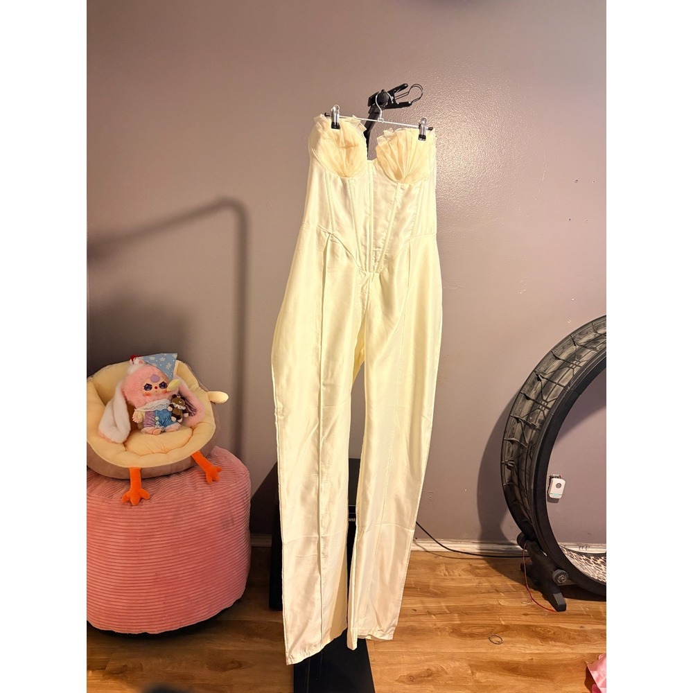 PrettyLittleThing Cream Organza Cup Detail Corset Satin Bandeau Jumpsuit Sz 10